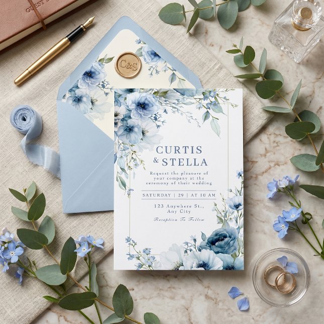 Deep Indigo Watercolor Blue Rose Border Wedding Invitation (Creator Uploaded)