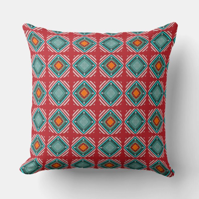 Deep Layered Red, White and Turqouise Squares Throw Pillow (Front)