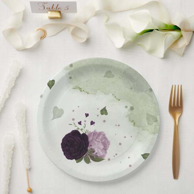 Deep & light purple flowers greenery paper plate (Wedding)