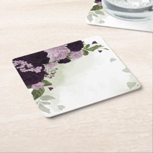 Deep & light purple flowers greenery square paper coaster