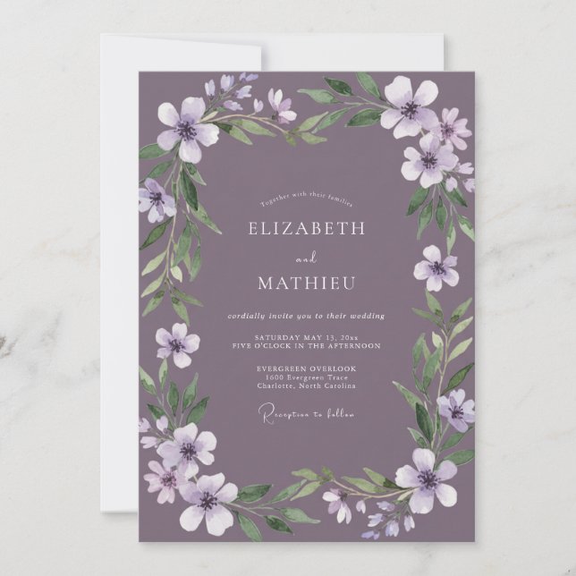 Deep Lilac Painted Vine Wedding Invitation (Front)