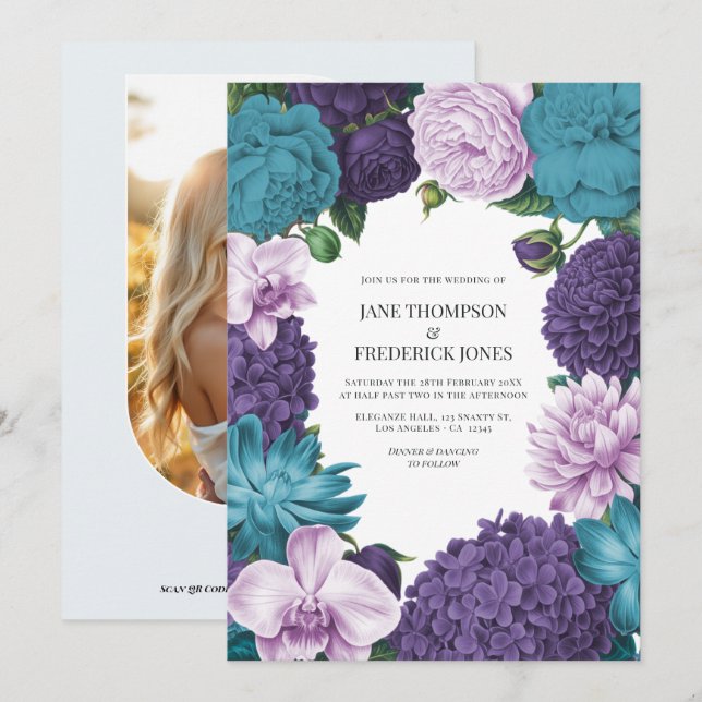 Deep Marine, Slate Orchid & Cloud Lilac Wedding Invitation (Front/Back)