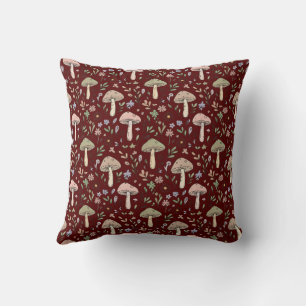 Deep Maroon Fungi Seamless Gothic Dark Academia Throw Pillow