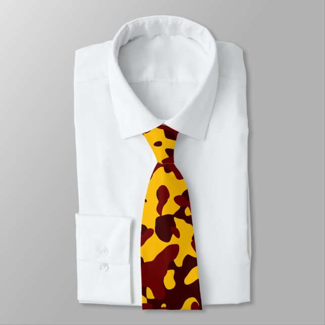 Deep Maroon, Golden Yellow, and Dark Red Camouflag Tie (Tied)