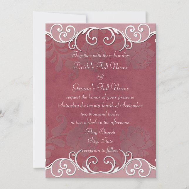 Deep Mauve Embossed Rose Wedding Invites (Front)