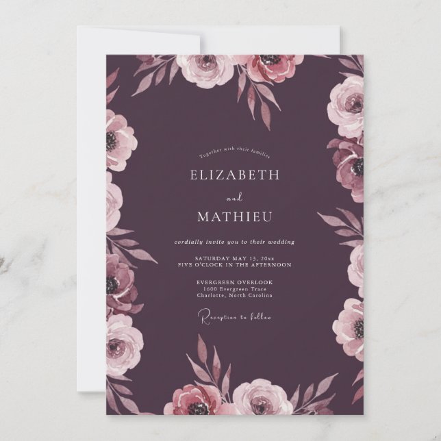 Deep Mauve Petal Wedding Invitation (Front)