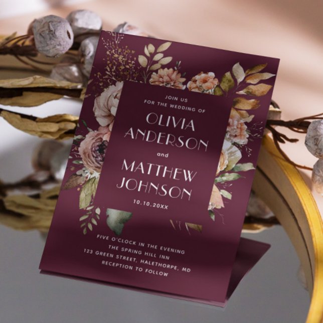 Deep Merlot Wedding | Floral Burgundy Plum QR Code Invitation (Creator Uploaded)