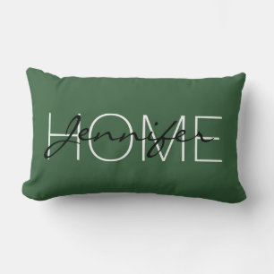 Deep moss green colour home monogram lumbar pillow