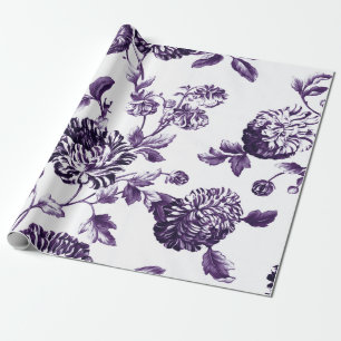 Deep Mulberry Purple Botanical Floral Toile Wrapping Paper