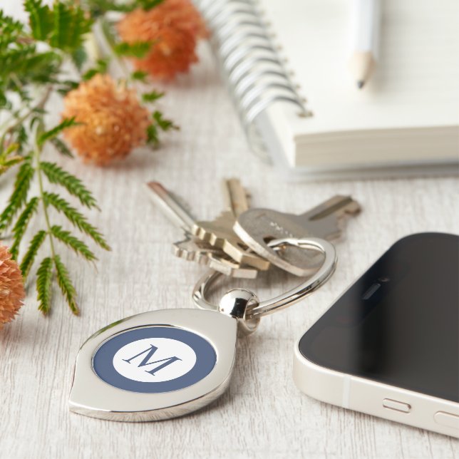 Deep Navy And White Square Border Monogram  Keychain (Side)