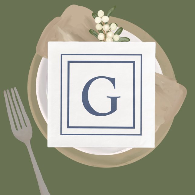Deep Navy And White Square Border Monogram  Napkin (Creator Uploaded)