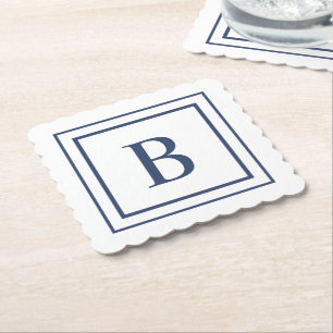 Deep Navy And White Square Border Monogram Paper Coaster