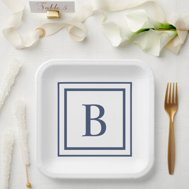 Deep Navy And White Square Border Monogram  Paper Plate (Wedding)