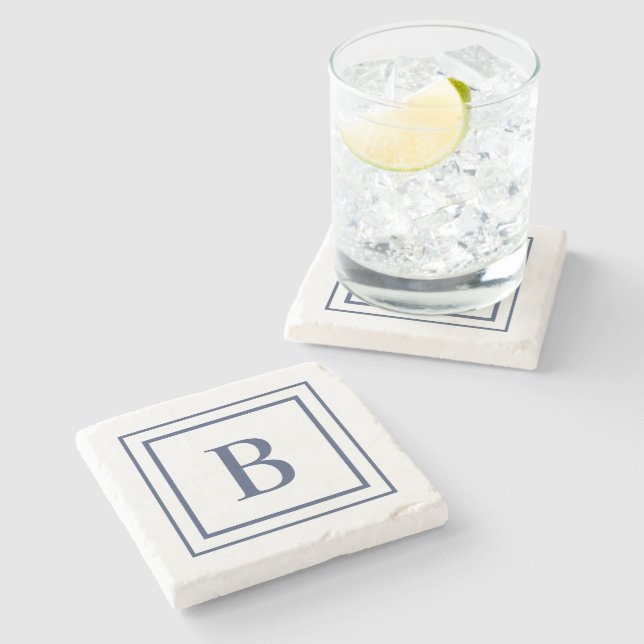 Deep Navy And White Square Border Monogram  Stone Coaster (Side)