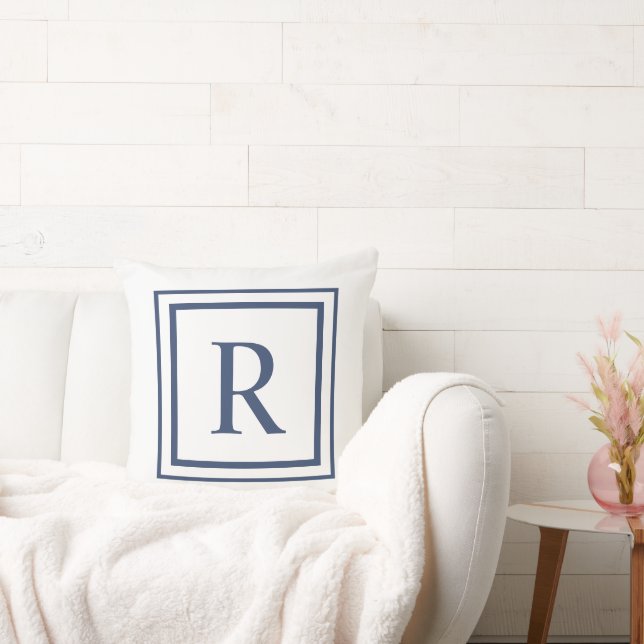 Deep Navy And White Square Border Monogram  Throw Pillow (Couch)