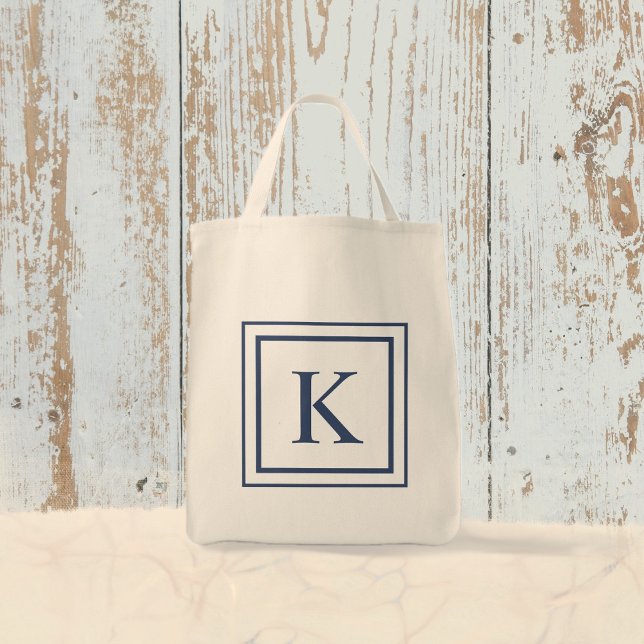 Deep Navy And White Square Border Monogram  Tote Bag (Creator Uploaded)