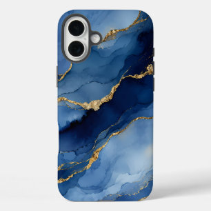 Deep Navy Blue and Gold Alcohol Ink Agate Texture iPhone 16 Plus Case