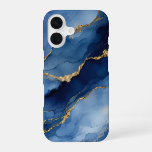 Deep Navy Blue and Gold Alcohol Ink Agate Texture iPhone 16 Case