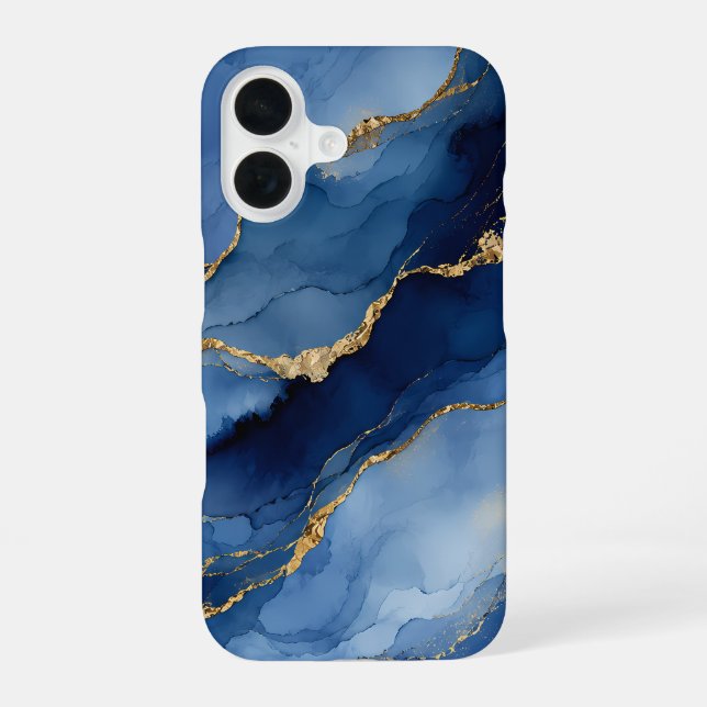 Deep Navy Blue and Gold Alcohol Ink Agate Texture  iPhone 16 Case (Back)