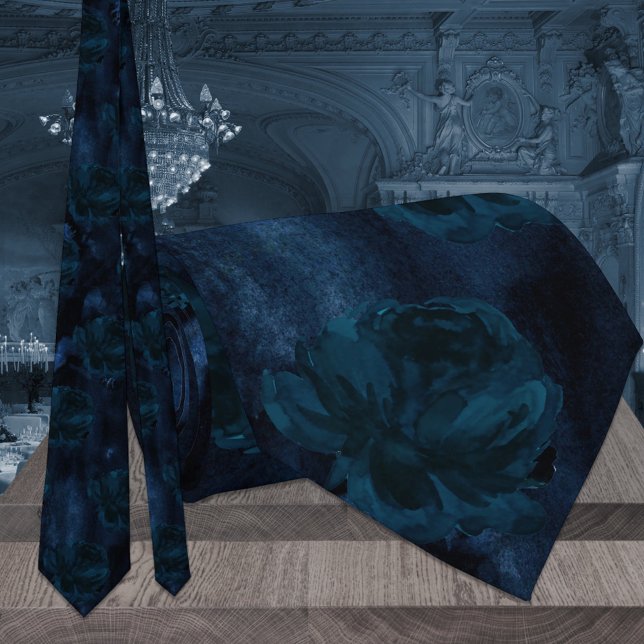Deep Navy Blue Watercolor Peonies Wedding Tie (Creator Uploaded)