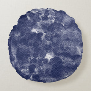 Deep Navy Blue Watercolor Texture Round Pillow