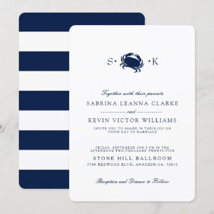 Deep Navy Crab Blue Stripes Wedding Invitation