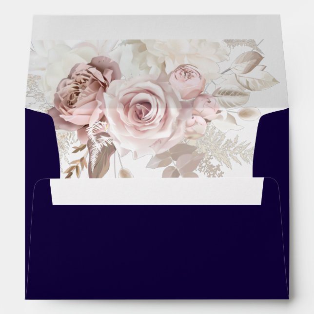 Deep Navy & Dusty Rose Blush Floral Wedding Envelope (Back (Bottom))