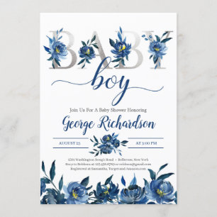 Deep Navy Floral and Silver Letters Baby Boy Boho Invitation