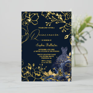 Deep Navy Floral & Dress Quinceanera Gold Leaves