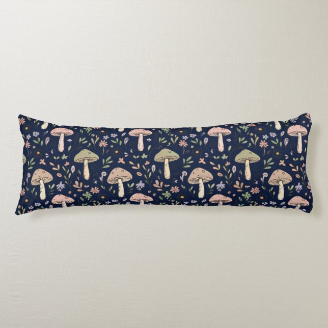 Deep Navy Fungi Seamless Moody Dark Academia Body Pillow (Front)