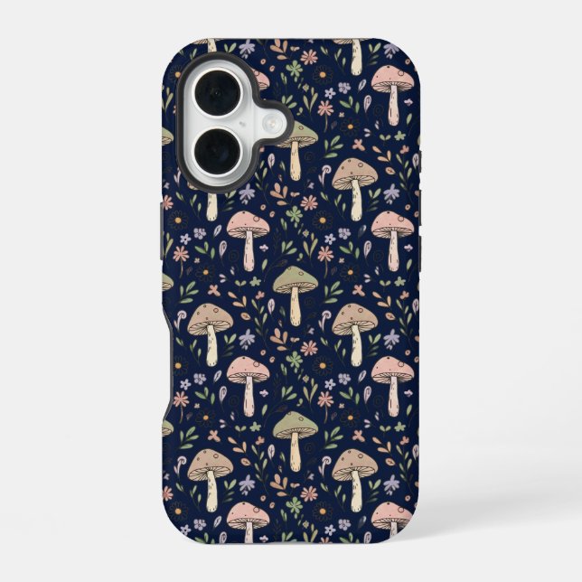 Deep Navy Fungi Seamless Pattern Dark Academia iPhone 16 Case (Back)