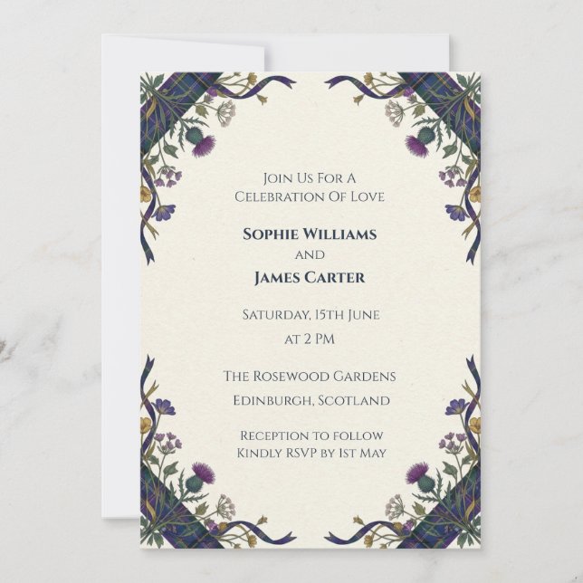 Deep Navy Gold Floral Thistle Scottish Wedding Inv Invitation (Front)