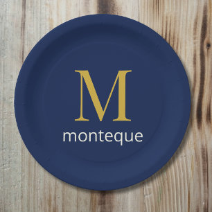 Deep Navy Gold Monogram Personalized Name Luxury Paper Plate