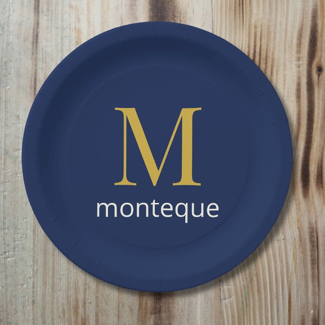Deep Navy Gold Monogram Personalized Name Luxury  Paper Plate (Creator Uploaded)
