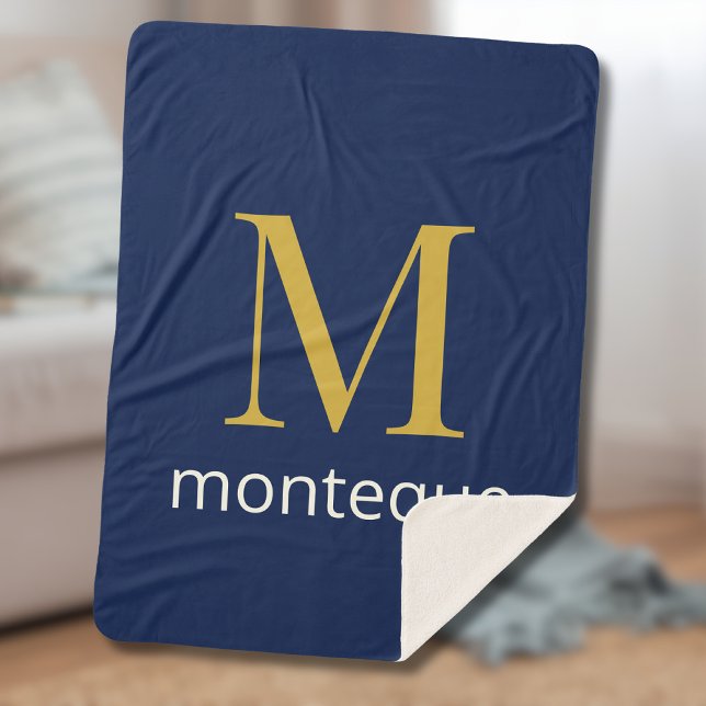 Deep Navy Gold Monogram Personalized Name Luxury  Sherpa Blanket (Creator Uploaded)