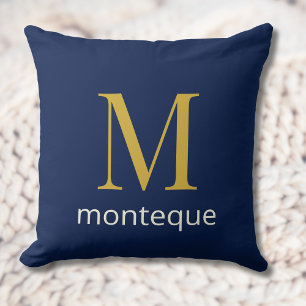 Deep Navy Gold Monogram Personalized Name Luxury Throw Pillow