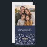 Deep Navy Menorah William Morris Pattern Holiday Card<br><div class="desc">An elegant and timeless design featuring a refined silver menorah centred within intricate William Morris–inspired foliage. Rendered in rich deep navy and soft silver tones, this artwork blends classic Judaica symbolism with historic botanical ornamentation for a sophisticated, heirloom-quality aesthetic. The flowing acanthus leaves and delicate florals create a balanced, symmetrical...</div>