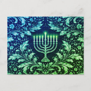 Deep Navy Menorah William Morris Pattern Postcard