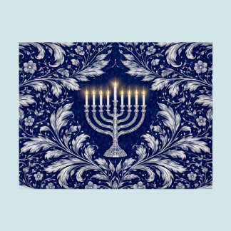 Deep Navy Menorah William Morris Pattern Postcard