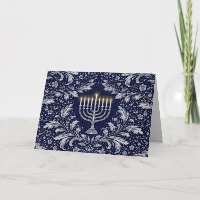 Deep Navy Menorah William Morris Pattern Thank You Card (Front)