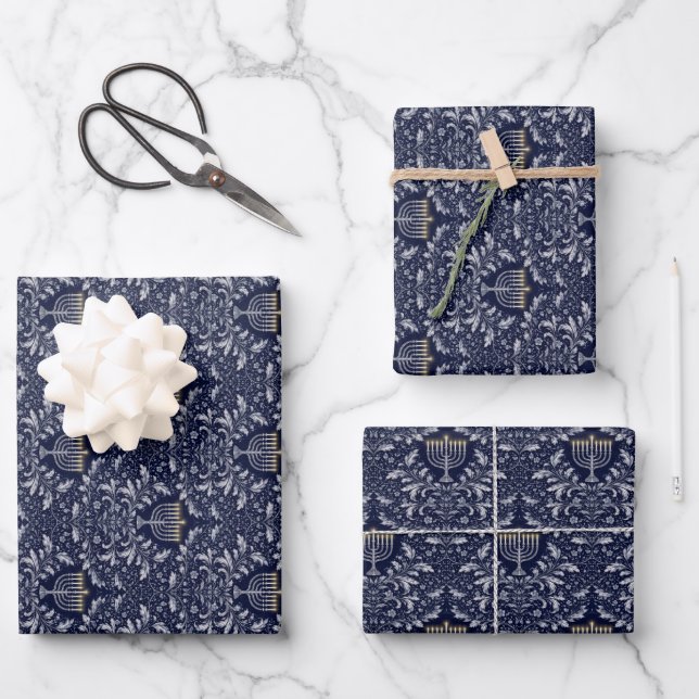 Deep Navy Menorah William Morris Pattern Wrapping Paper Sheet (Front)