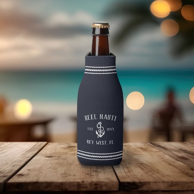 Deep Navy Rustic Anchor Personalized Boat Name Bottle Cooler (Creator Uploaded)