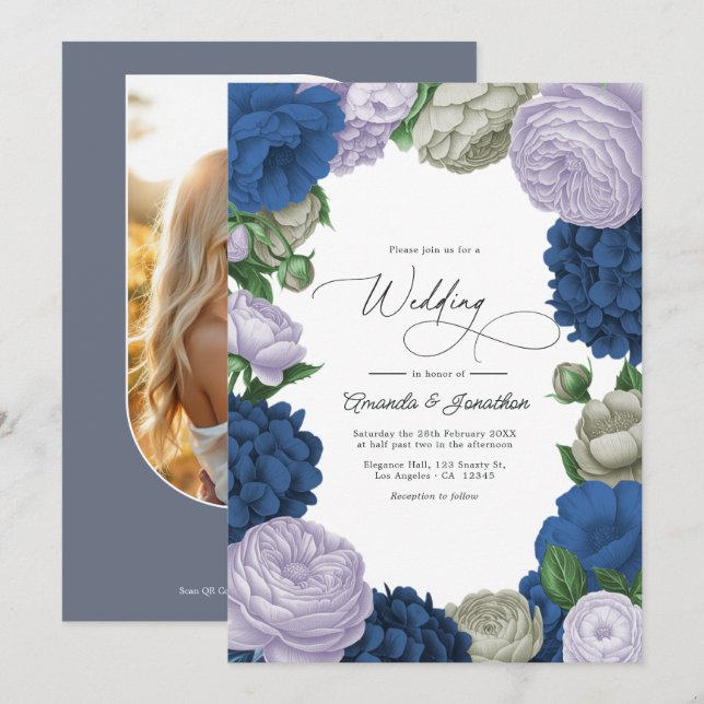 Deep Navy, Soft Lilac & Cloud Gray Floral Wedding Invitation (Front/Back)