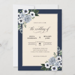 Deep Navy Steel Anemone Wedding Invitation