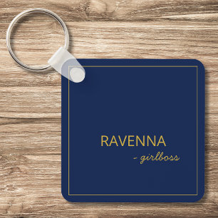 Deep Navy Subtle Gold Frame Luxury Girlboss Name Keychain