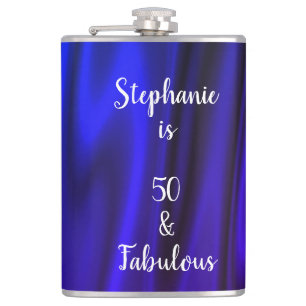 Deep Neon Blue Silky Satin Shiny 50 & Fabulous Hip Flask