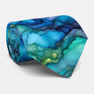 Deep Ocean Abstract Design in Teal and Blue Fluid  Tie