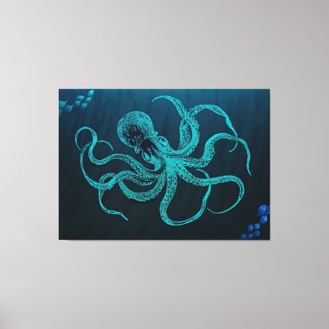 Deep Ocean Blue with Octopus & Fish Canvas Print (Front)