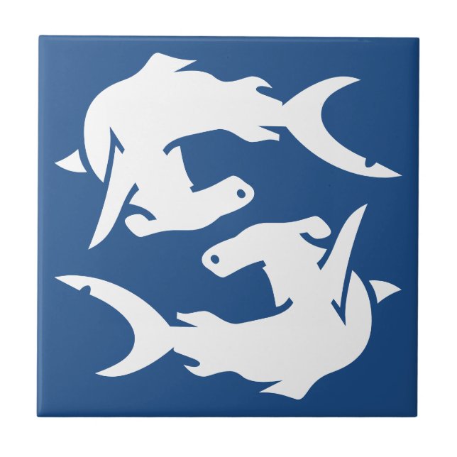 Deep Ocean Navy Blue Hammerhead Shark Fish Tiles (Front)