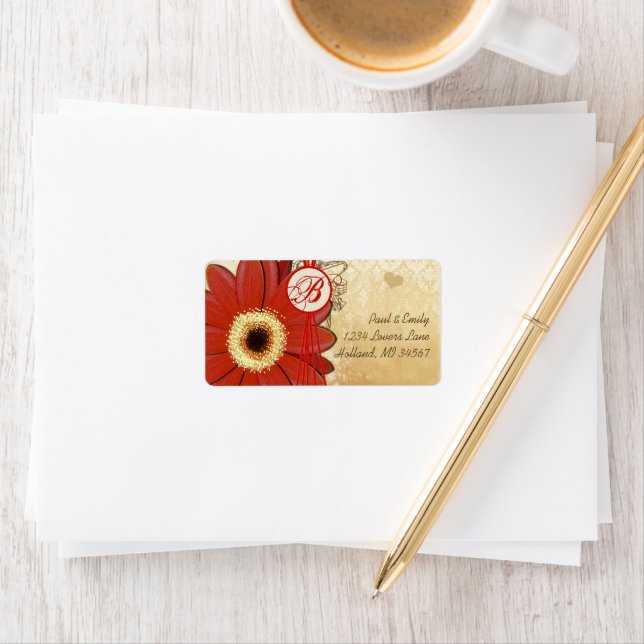 Deep Orange Red Musical Gerber Daisy Monogram Label (Insitu)